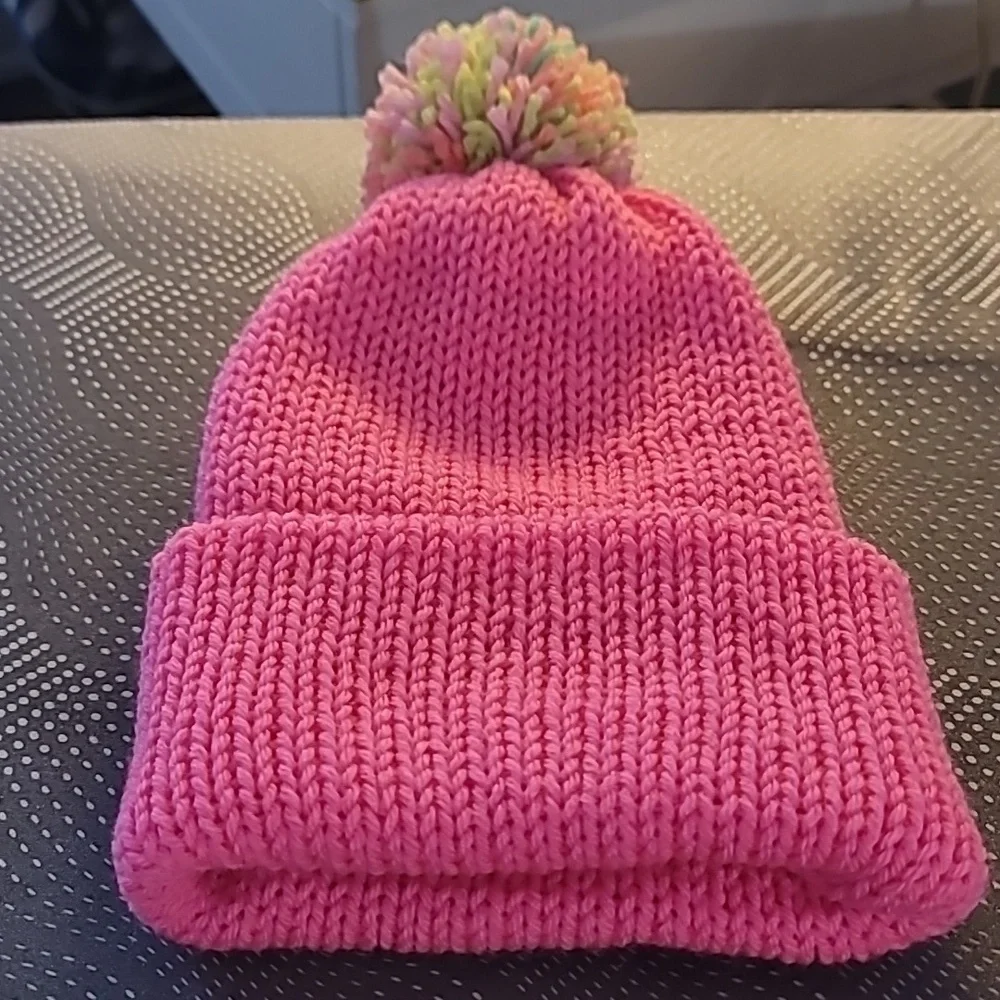Handmade Pink Knit Beanie with Multicolor Pom-Pom